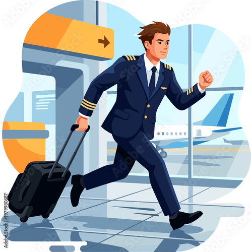 Male airline pilot running through an airport terminal with a suitcase