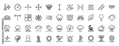 Minimalist weather line icon set for meteorology and climate forecasting