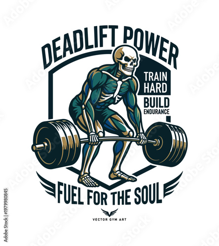 Powerful skeletal figure performing a deadlift with a barbell representing strength and dedication in the gym vintage retro gym t-shirt design