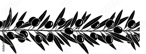 Olive branch seamless border with leaves and olives black silhouette vector illustration decorative botanical pattern isolated