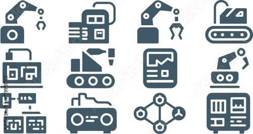 Collection of industrial automation and smart manufacturing icons depicting robotic arms and modern production line processes