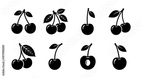 Minimalist black cherry icons set, 8 vector cherry silhouettes with leaves and stems, flat organic fruit symbols for food packaging and logo design