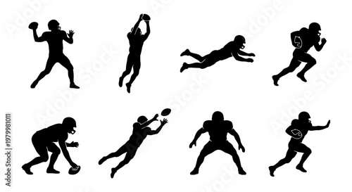 American football player silhouettes set, 8 vector athlete figures in action poses, black sports icons of quarterback and receiver for team branding