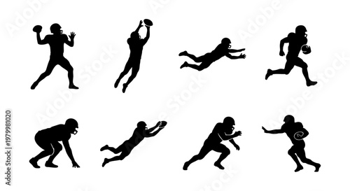 American football player silhouettes set, 8 black vector icons of athletes in action, professional football sports figures catching and running