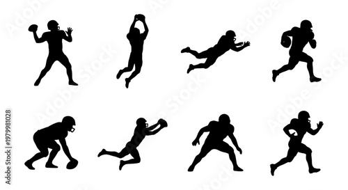 American football player silhouettes set, 8 action poses of athletes in uniform, black vector icons of football players running and catching