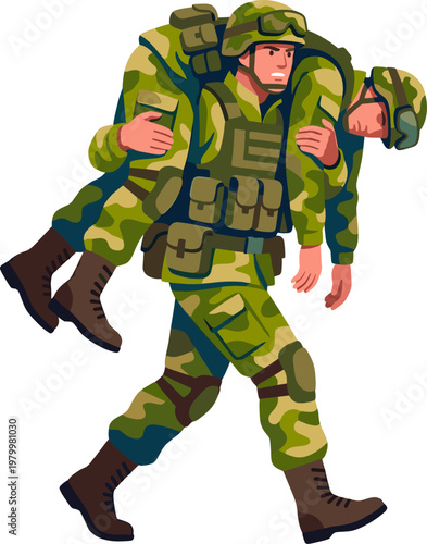 Military personnel carrying wounded comrade during battlefield rescue mission