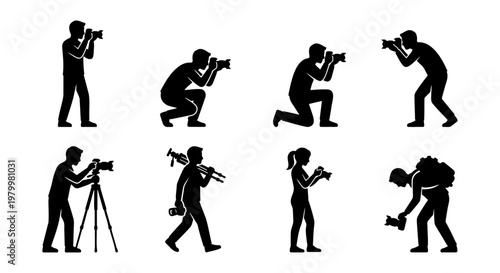 Professional photographer silhouette set, 8 camera operator icons, videographer and press reporter figures, digital media creator vector graphics