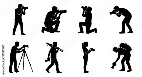 Photographer silhouette set with 8 vector elements, professional cameraman and paparazzi figures, photography hobbyist and journalist icons