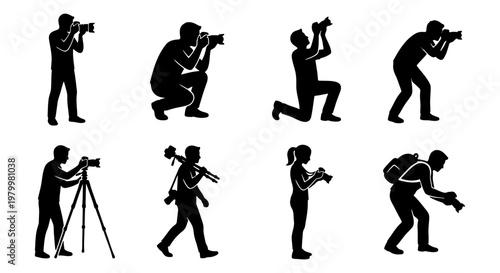 Professional photographer silhouettes set, 8 vector icons of people with cameras and tripods, photography hobbyist and paparazzi character collection