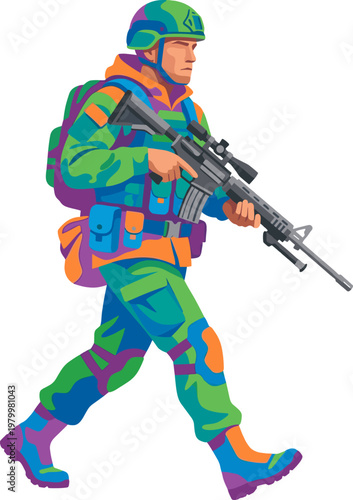 Modern soldier in bright camouflage walking with a sniper rifle