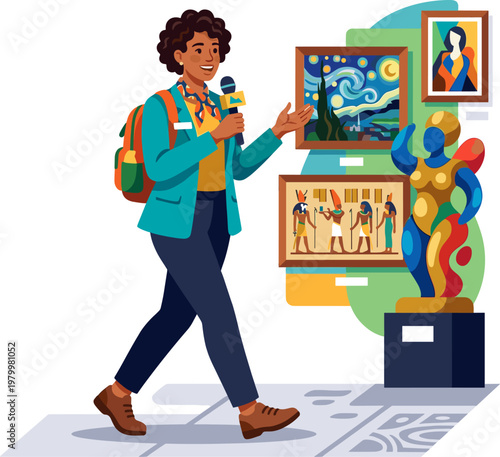 Museum docent explaining historical artworks and sculptures to visitors