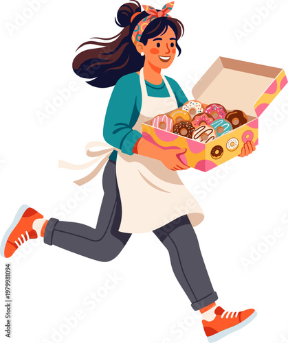 Pastry baker delivering a box of colorful glazed donuts