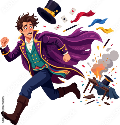 Panicked illusionist running away from a failed magic trick with fire