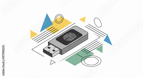 Isometric Vector Illustration of a Biometric USB Flash Drive with Fingerprint Scanner for Data Security and Cybersecurity Concept