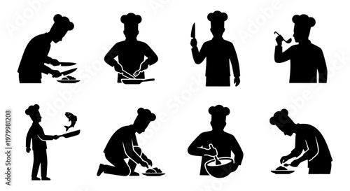 Professional chef silhouette set, 8 restaurant cook icons in black vector format, culinary staff preparing food and tossing ingredients in kitchen