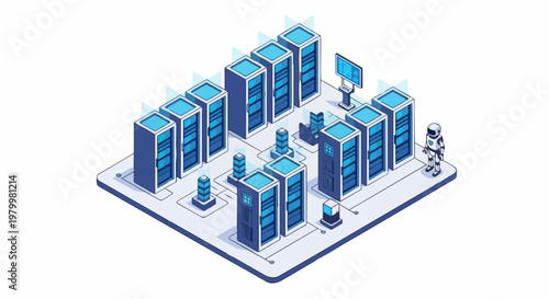 Isometric Data Center Illustration with Server Racks and AI Robot for Cloud Computing, Big Data Management, and Network Infrastructure Concept