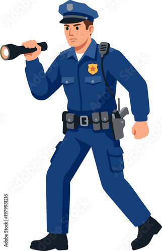 Police patrolman searching with flashlight during night investigation