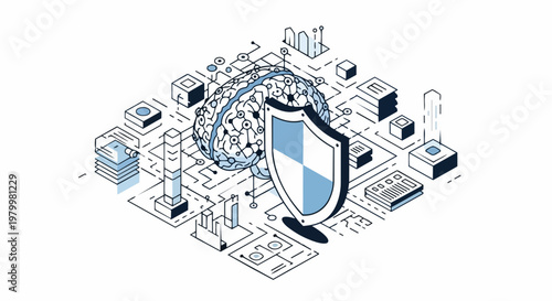 Artificial Intelligence Cybersecurity and Data Protection Isometric Illustration Featuring a Human Brain Secured by a Shield in a Digital Network Environment