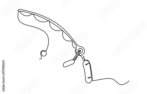 Continuous drawn single art line sketch fishing rod, spinning rod, reel, tackle, Continuous one line art of a fish on a rod.