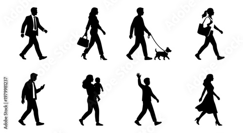 Walking people silhouettes set, 8 diverse pedestrian figures in black and white, urban crowd walking to work, flat vector icons for city life