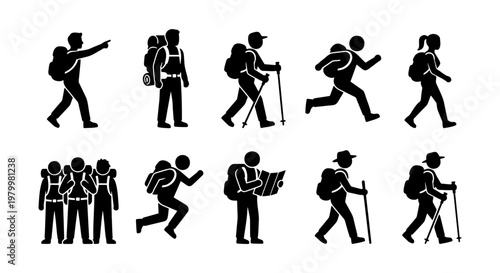 Hiking and backpacking stick figure icons, set of 10 mountain trekking silhouettes, outdoor adventure and camping people vector illustrations