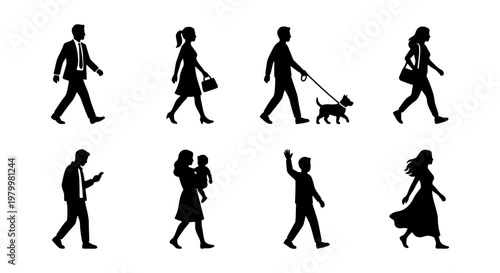 Walking people silhouettes collection, set of 8 diverse pedestrian figures in motion, black human profiles for urban street scenes and architectural rendering