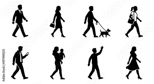 Walking people silhouettes set, diverse pedestrian figures in motion, black human icons walking with dog and baby, urban life vector elements