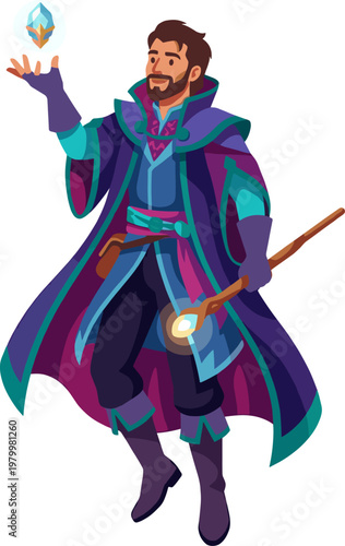 Powerful mage floating in the air with a crystal staff and gem