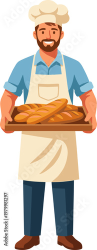 Professional baker carrying wooden tray of freshly baked crusty baguettes