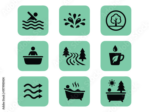 Set of nine spa and nature lifestyle icons featuring bathing water and forest themes.