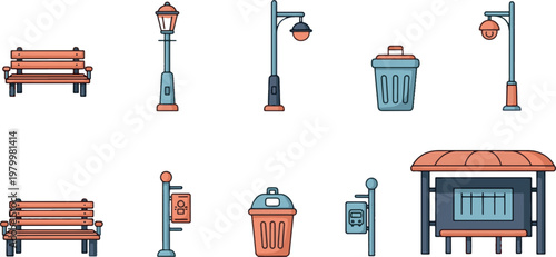 Urban park and street elements set with bench street lamp bus stop and trash bin in flat outline style