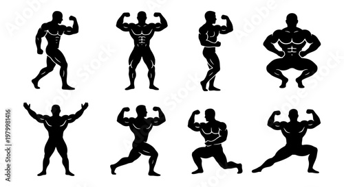 Bodybuilder silhouette set of 8 icons, muscular male athlete posing in gym fitness style, black vector bodybuilding figures for sports branding