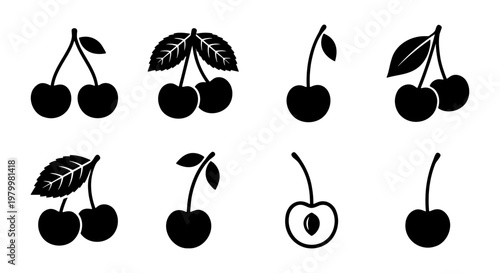 Black cherry icon set with 8 vector elements, minimalist fruit silhouettes with leaves and stems, sweet berry symbols for food packaging and menu design