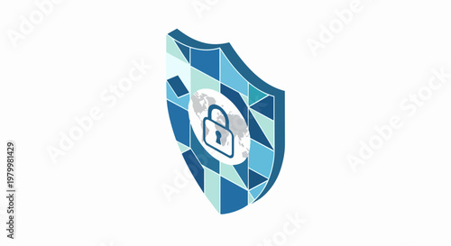 Isometric Shield Icon with World Map and Padlock for Global Cybersecurity and Data Protection Concepts