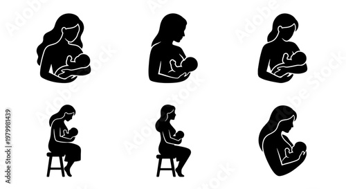 Breastfeeding mother icons set, 6 black silhouette vector elements of woman nursing baby, maternal healthcare and infant feeding symbols