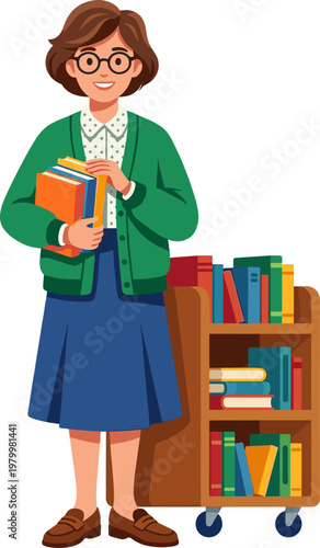 Professional librarian standing next to a wooden cart filled with colorful books