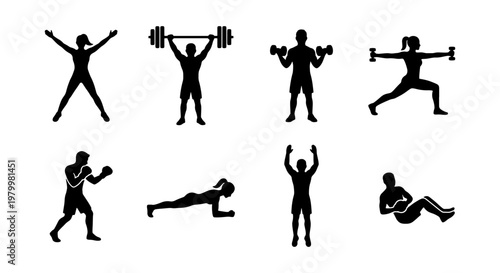 Fitness workout silhouettes set, 8 gym exercise icons including weightlifting and cardio, black athlete figures for sports training and bodybuilding