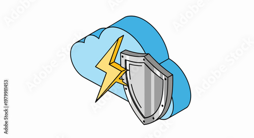 Isometric Cloud Security Illustration with Shield and Lightning Bolt for Data Protection and Cybersecurity Defense