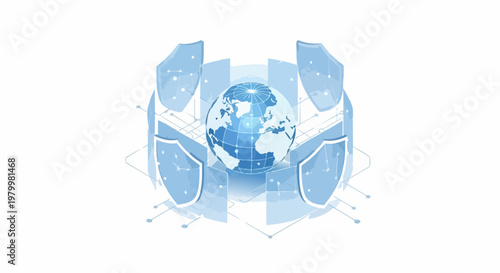 Global Data Security and Cybersecurity Concept with Isometric Earth Globe Protected by Shields on White Background