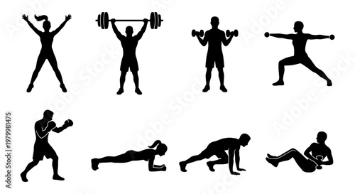 Fitness workout silhouettes set, 8 gym exercise icons for bodybuilding and cardio, black athlete figures performing weightlifting and yoga