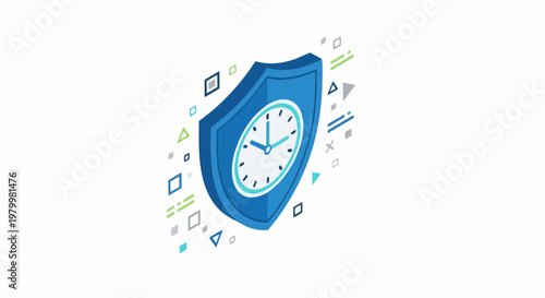Isometric 3D Blue Shield with Clock Icon, Time Protection and Security Management Concept Illustration