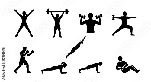 Fitness silhouette icon set, 9 gym workout vector elements, black athletic figures training with weights and boxing, sport exercise symbols