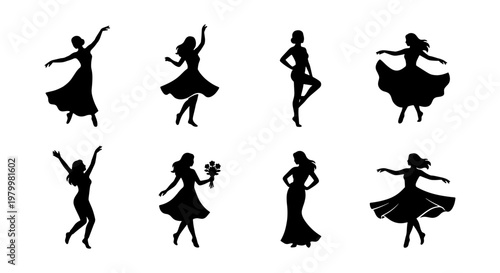Elegant dancing women silhouettes, set of 8 female dancer vector icons, graceful ballroom and ballet performers in flowing dresses and gowns