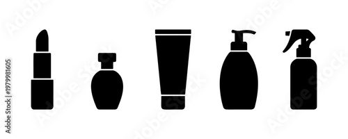 Cosmetic product silhouettes, beauty packaging icon set, black skincare bottle and makeup tube vectors, 5 grooming and hygiene container symbols