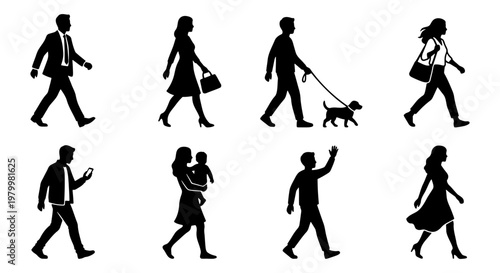 Walking people silhouettes set, diverse pedestrian figures in motion, black human icons walking and commuting, collection of 8 vector elements