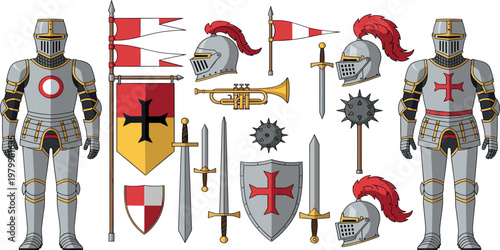 Medieval knight armor set with swords shields helmets flags and weapons detailed flat vector illustration historical military collection isolated