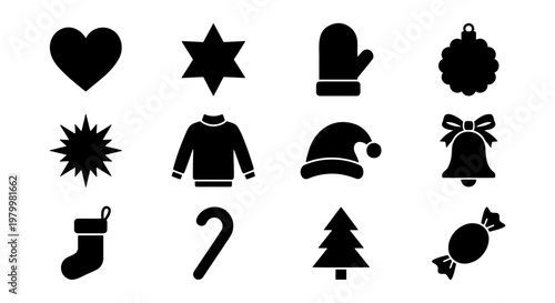 Christmas black silhouette icon set, 12 holiday vector elements, winter celebration symbols including santa hat, tree, and stocking for festive design