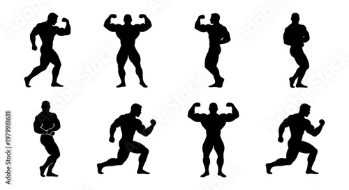Bodybuilder silhouettes set of 8 vector icons, muscular male athletes posing for fitness competition, bodybuilding gym workout figures on white background