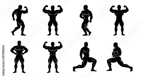 Bodybuilder silhouettes collection, 8 muscular male fitness icons in various posing positions, black gym athlete vector set for bodybuilding and weightlifting