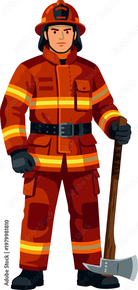 Fototapeta premium Rescue worker in orange fire suit standing with heavy duty axe